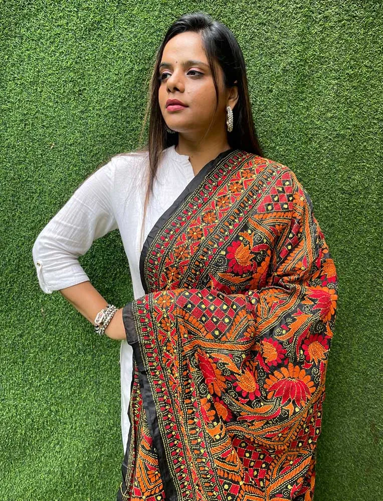 Black Hand Embroidered Kantha Bangalore Silk Dupatta