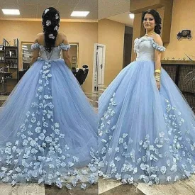 blue wedding dress ball gown 2020 handmade flowers elegant off the shoulder simple bridal dress