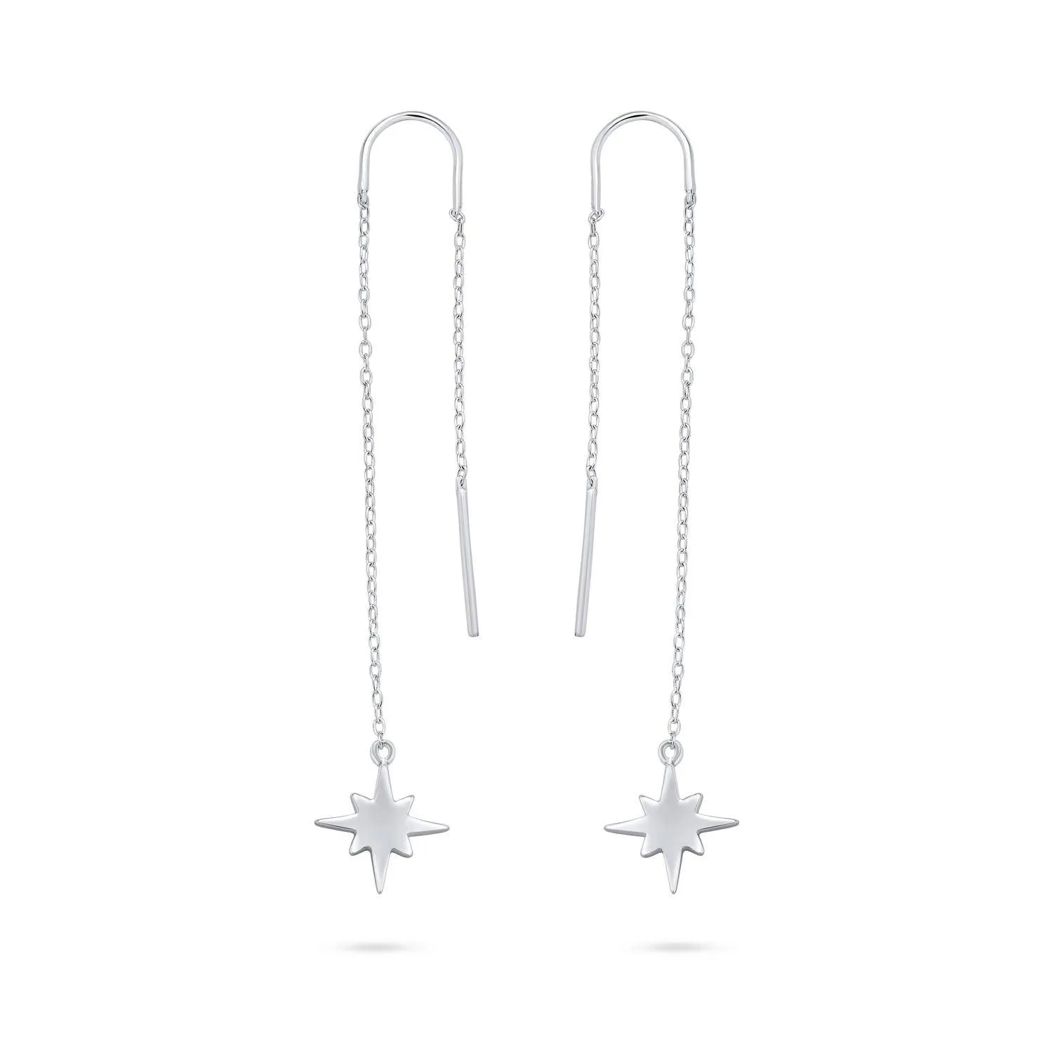 Celestial Shinning North Star Chain Threader Stud Earrings .925 Silver