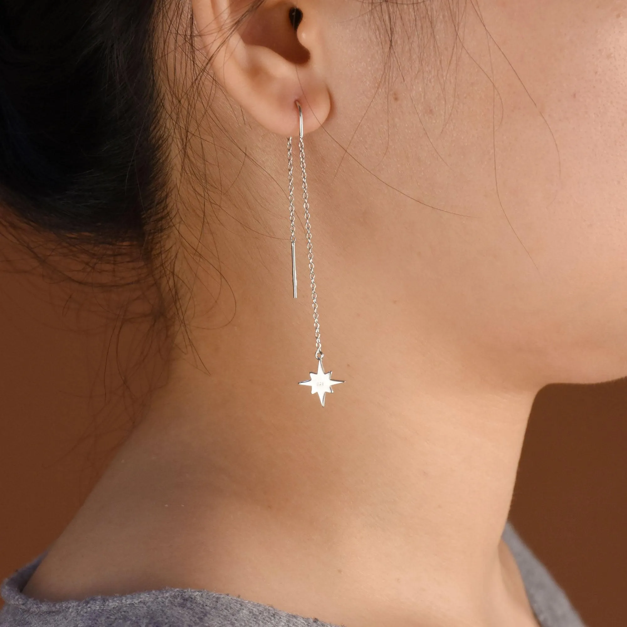 Celestial Shinning North Star Chain Threader Stud Earrings .925 Silver