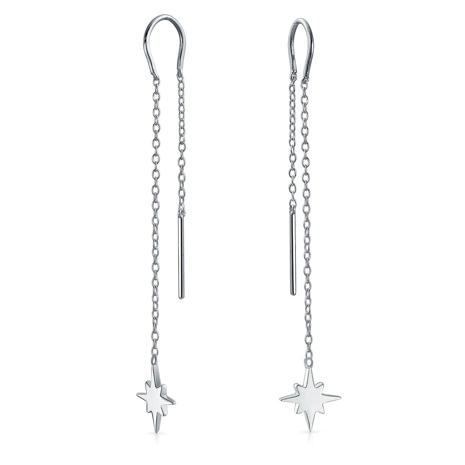 Celestial Shinning North Star Chain Threader Stud Earrings .925 Silver