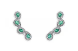 Earrings 18kt Gold Climbers Pear Emeralds with Diamonds Halo
