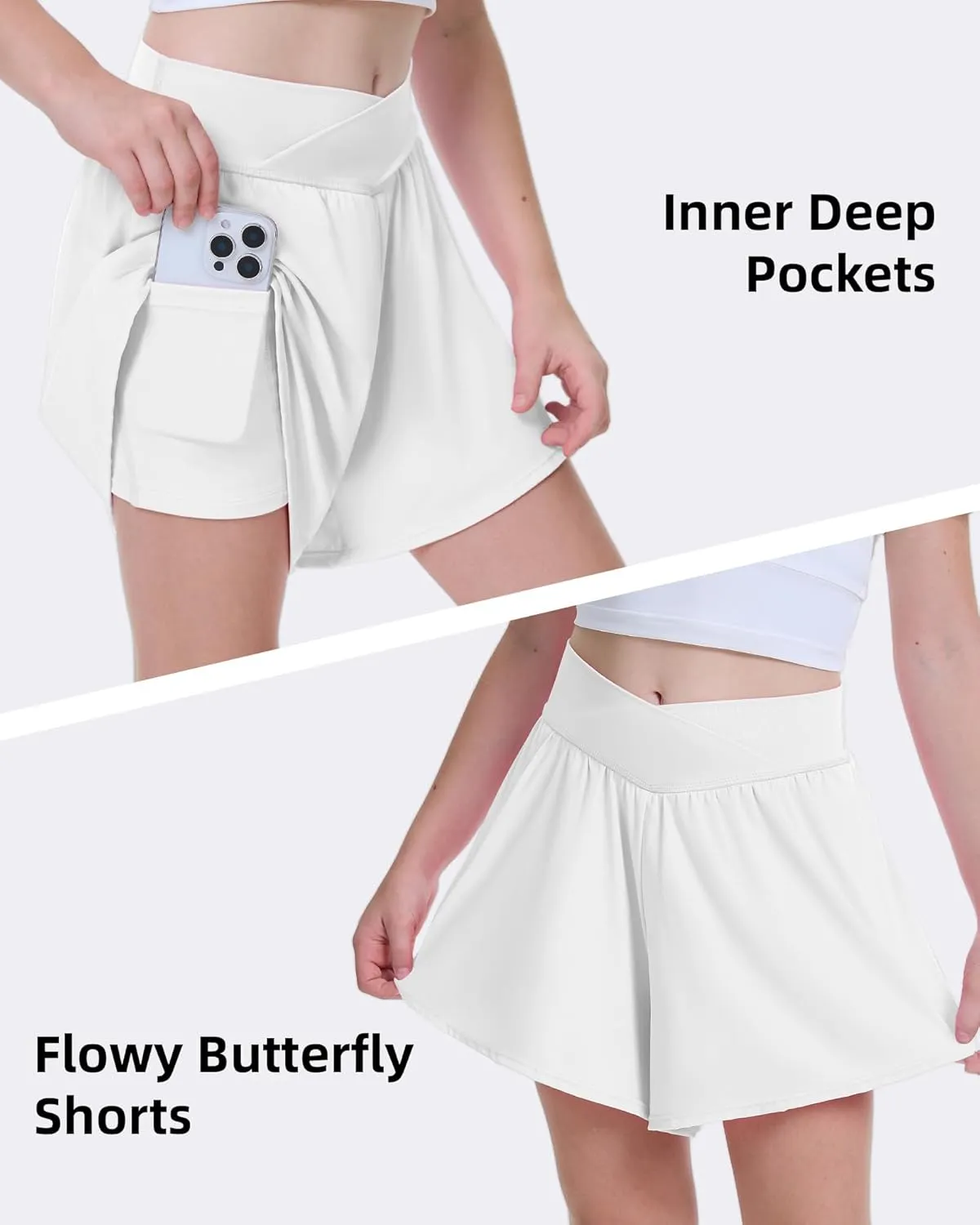 FireSwan Girls Butterfly Shorts Crossover Athletic Shorts with Pockets 2 in 1 Flowy Running Skorts for Teen, Girls, Youth