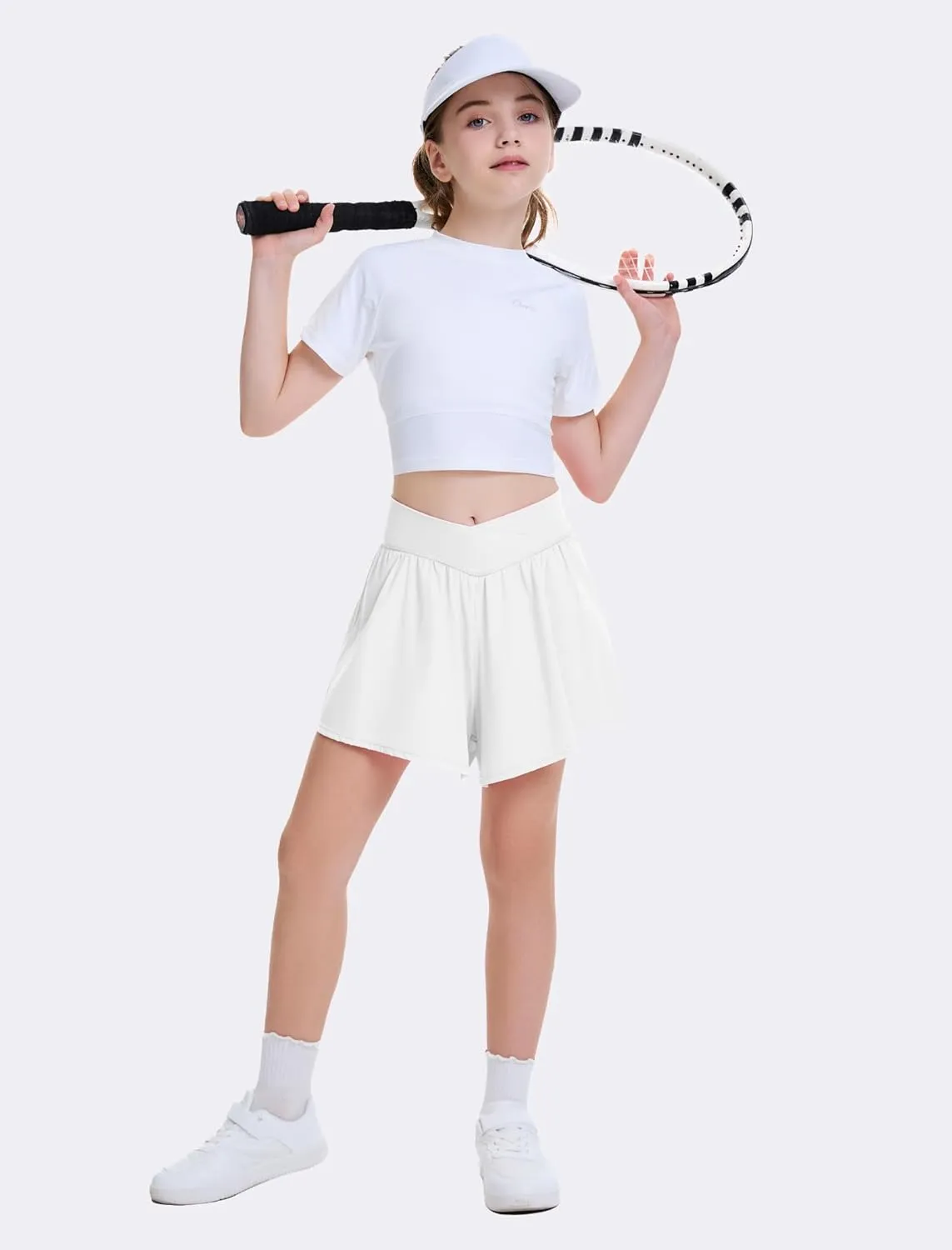 FireSwan Girls Butterfly Shorts Crossover Athletic Shorts with Pockets 2 in 1 Flowy Running Skorts for Teen, Girls, Youth