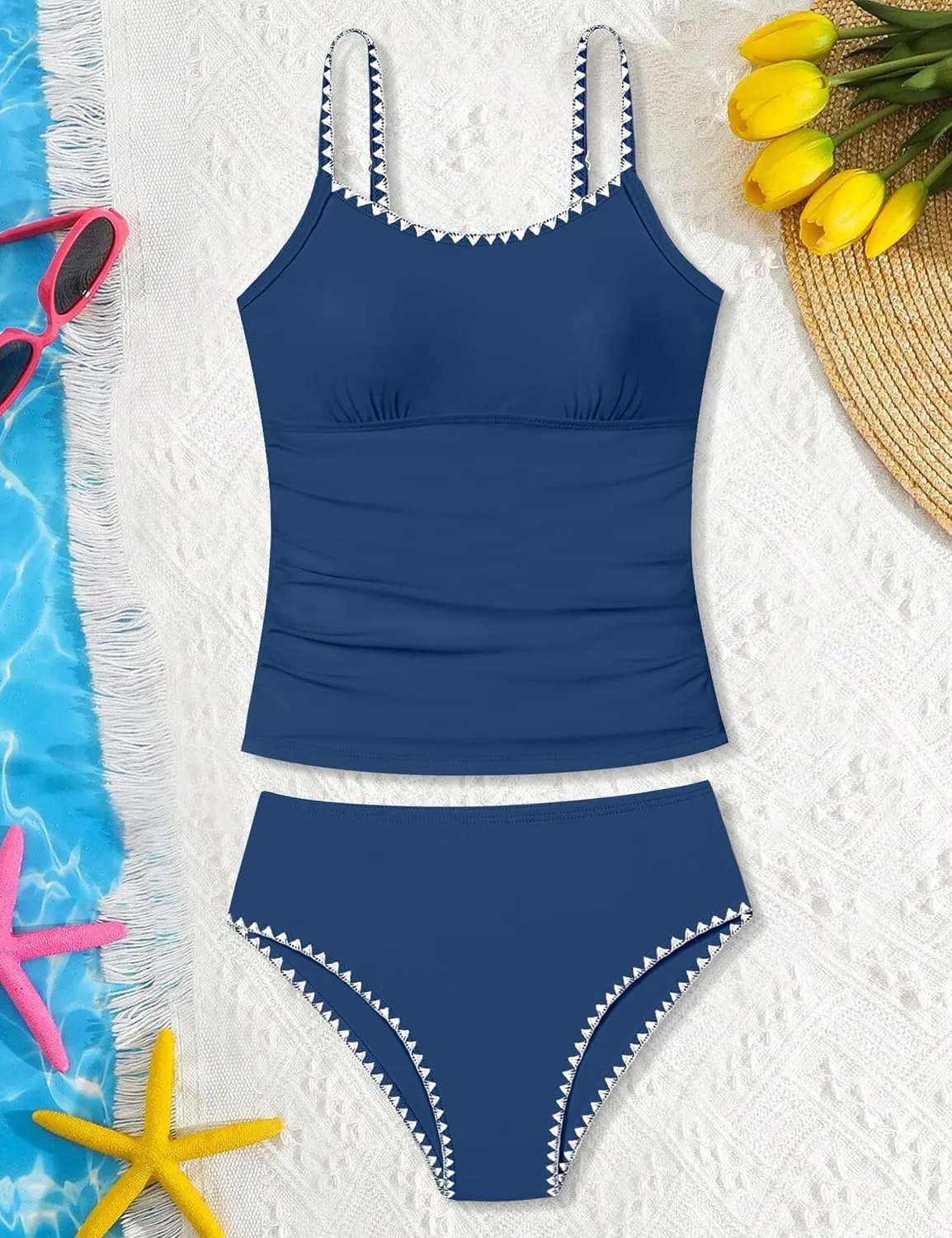 Girls Swimsuit Solid Color Tankini Contrast Trim Swimwear 2 Piece Bathing Suit Padded Swimsuits for Teens 9-16Y
