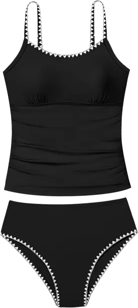 Girls Swimsuit Solid Color Tankini Contrast Trim Swimwear 2 Piece Bathing Suit Padded Swimsuits for Teens 9-16Y