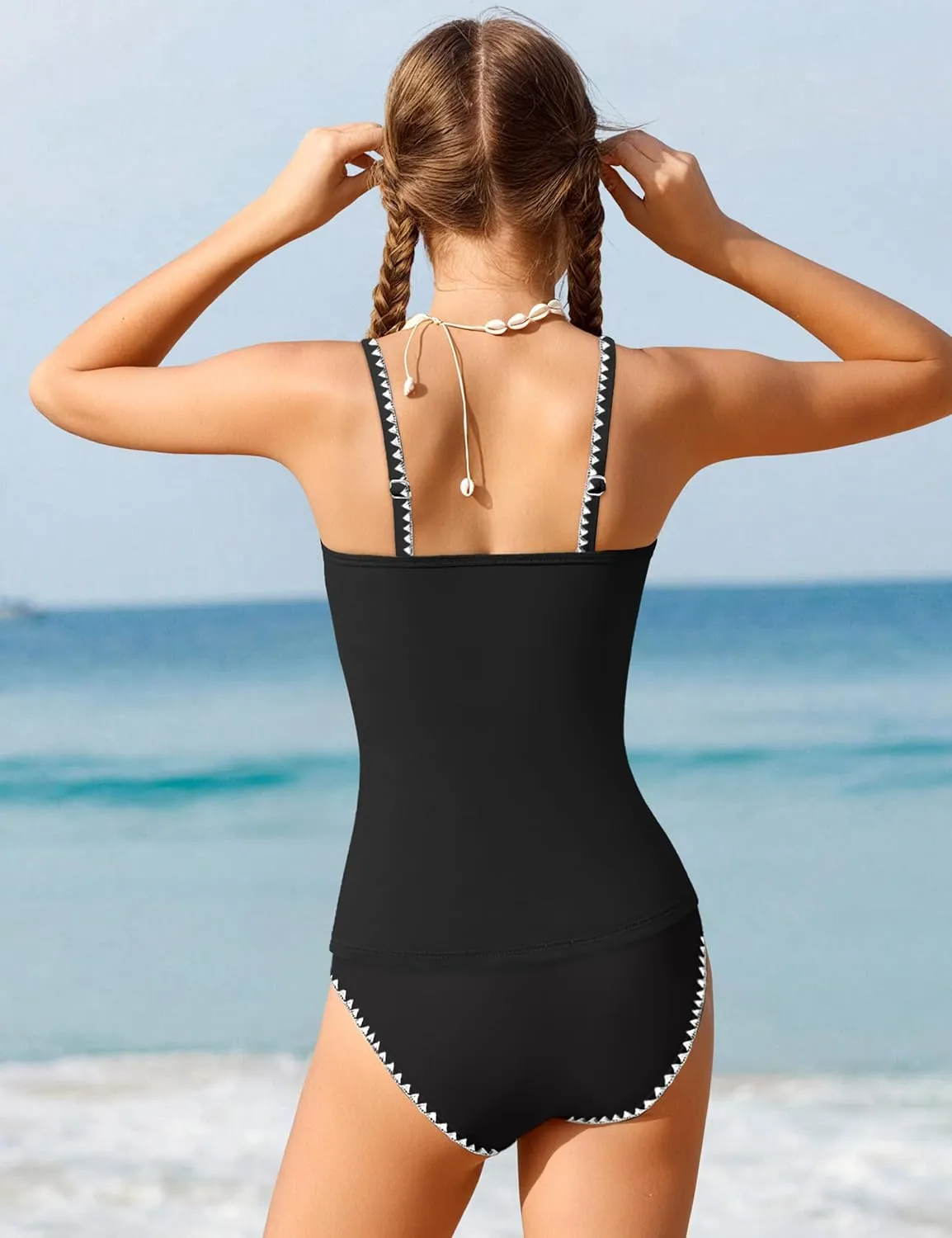 Girls Swimsuit Solid Color Tankini Contrast Trim Swimwear 2 Piece Bathing Suit Padded Swimsuits for Teens 9-16Y