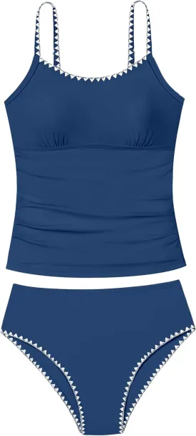 Girls Swimsuit Solid Color Tankini Contrast Trim Swimwear 2 Piece Bathing Suit Padded Swimsuits for Teens 9-16Y