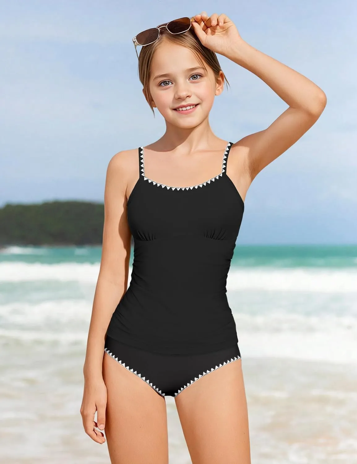 Girls Swimsuit Solid Color Tankini Contrast Trim Swimwear 2 Piece Bathing Suit Padded Swimsuits for Teens 9-16Y