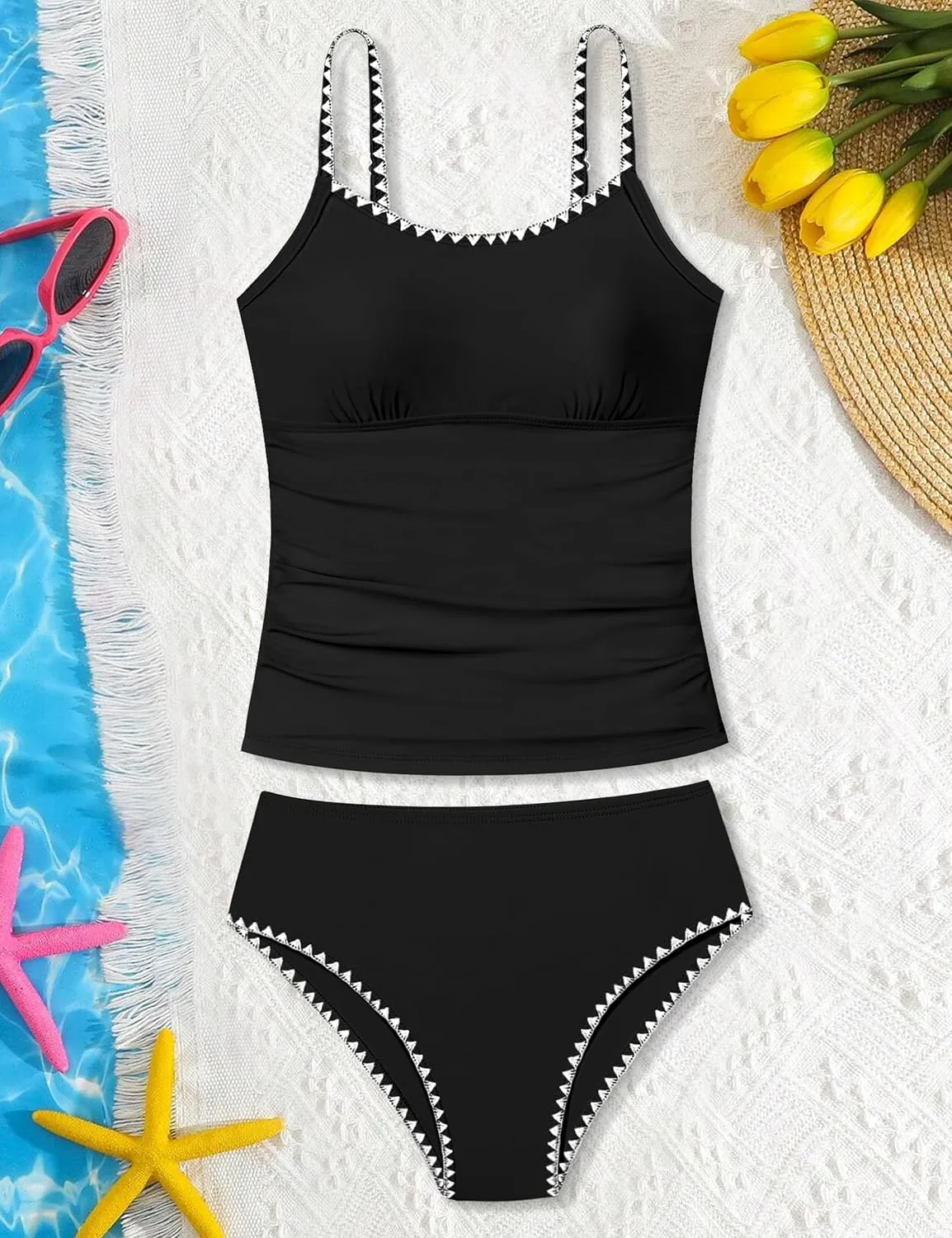 Girls Swimsuit Solid Color Tankini Contrast Trim Swimwear 2 Piece Bathing Suit Padded Swimsuits for Teens 9-16Y