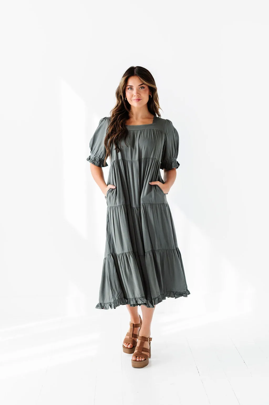 Matilda Tiered Dress in Moss