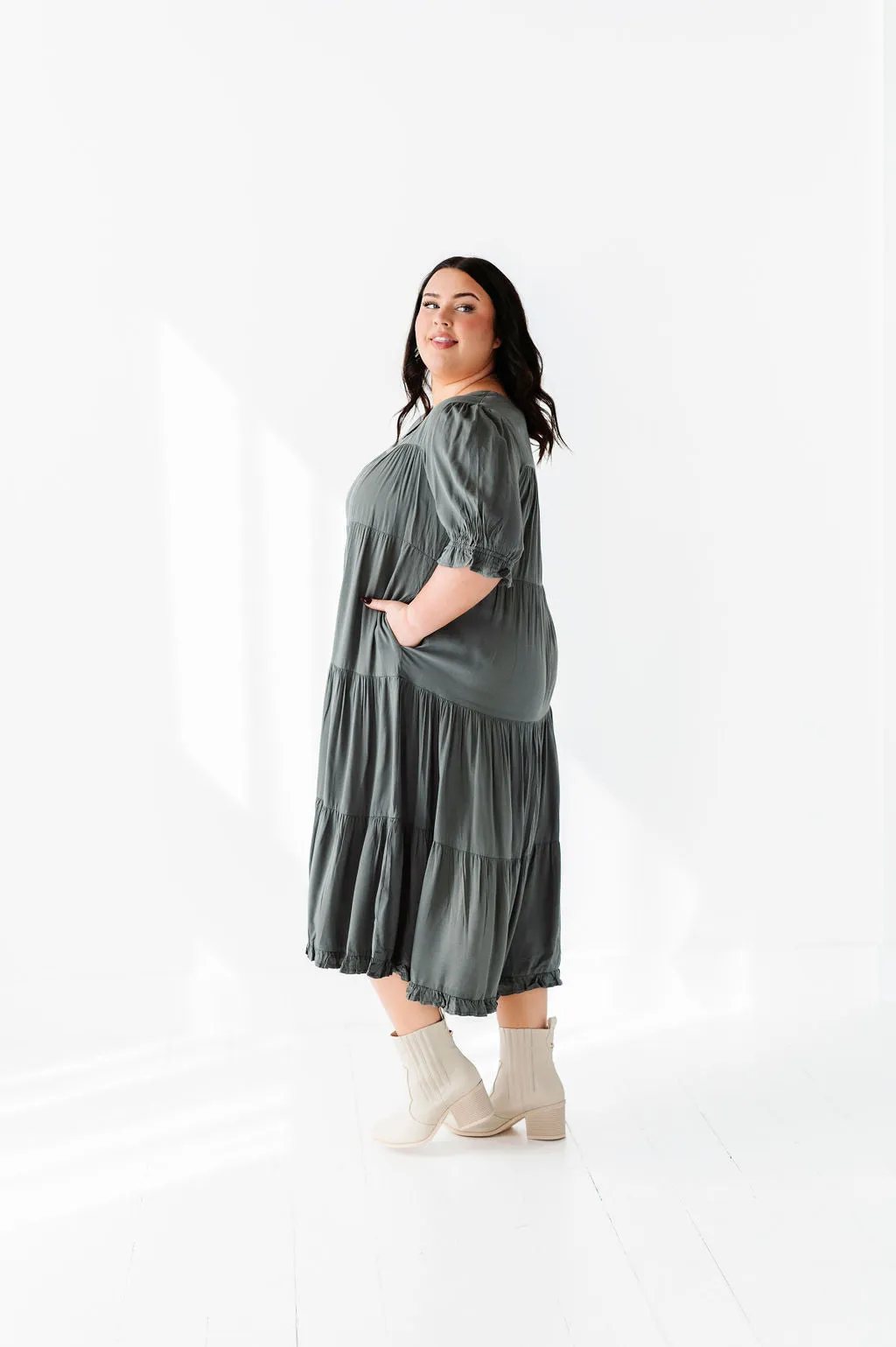 Matilda Tiered Dress in Moss