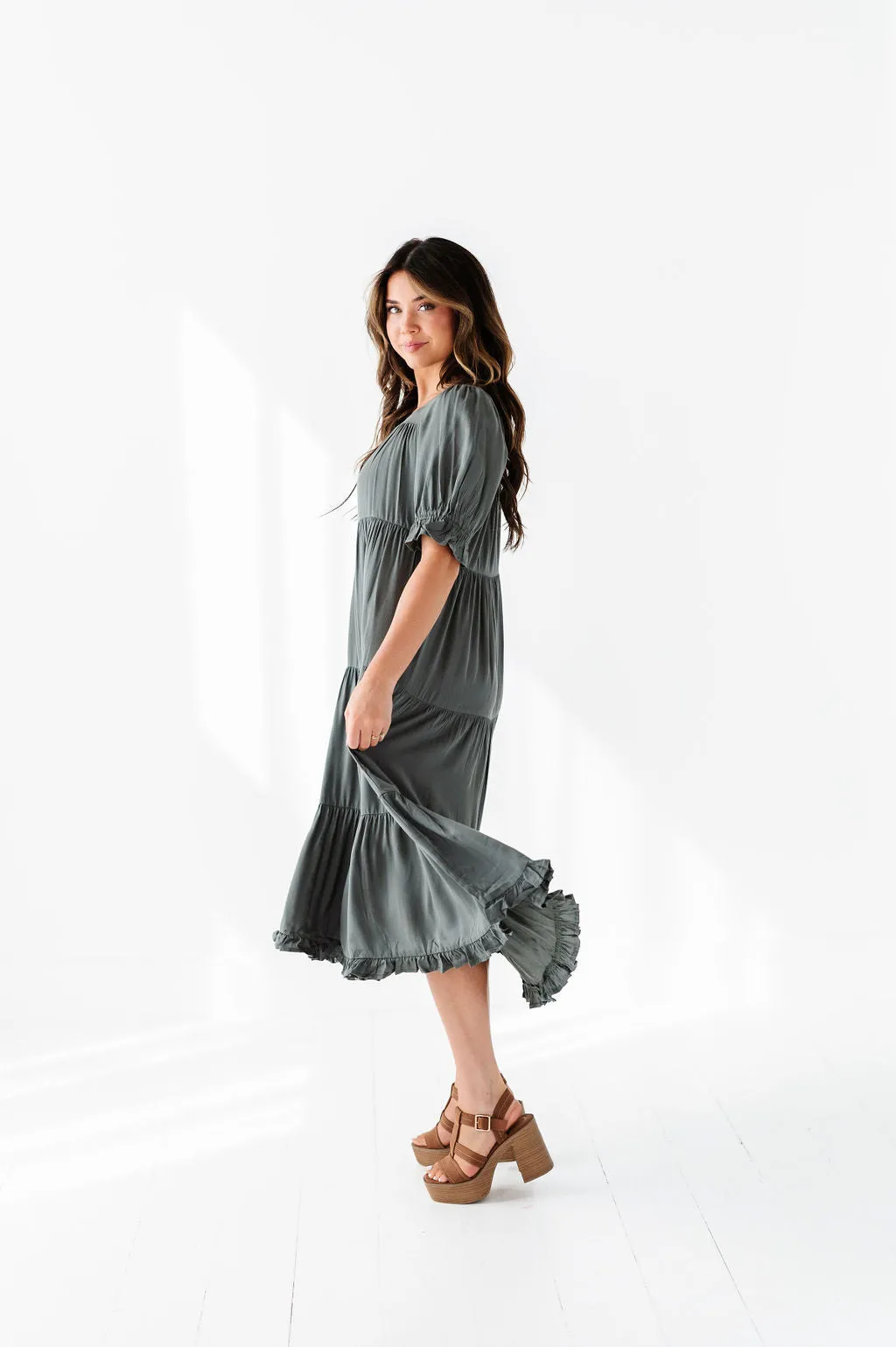 Matilda Tiered Dress in Moss