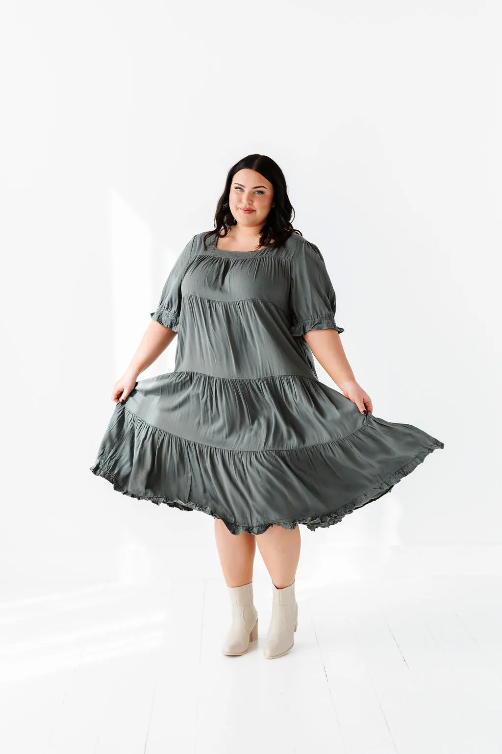 Matilda Tiered Dress in Moss