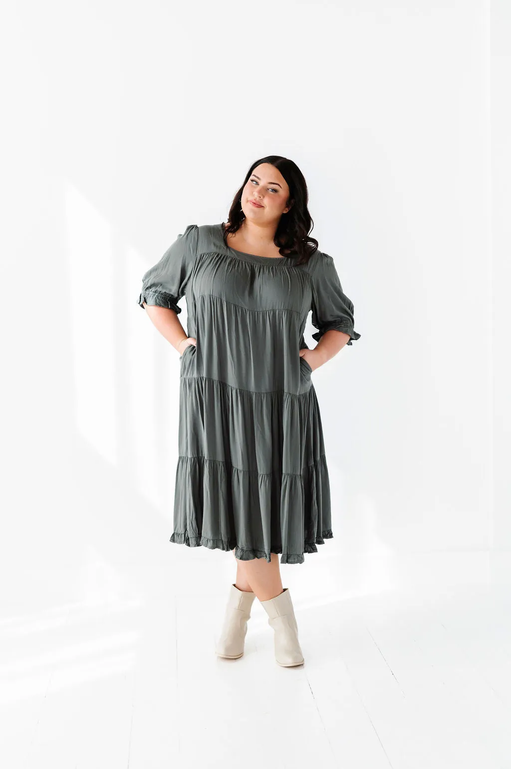 Matilda Tiered Dress in Moss
