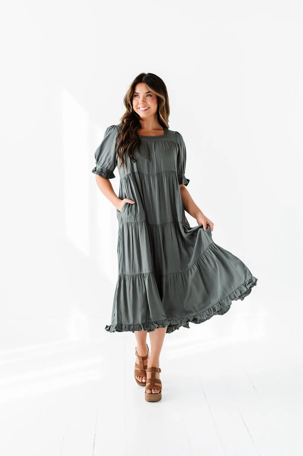 Matilda Tiered Dress in Moss
