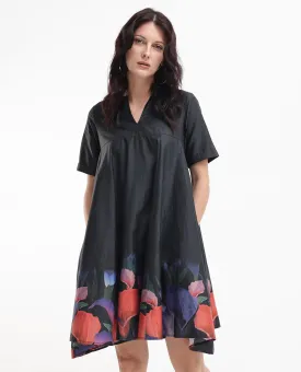 Rareism Women Zapon Black Cotton Short Sleeve Crew Neck Fit And Flare Floral Print Knee Length Dress