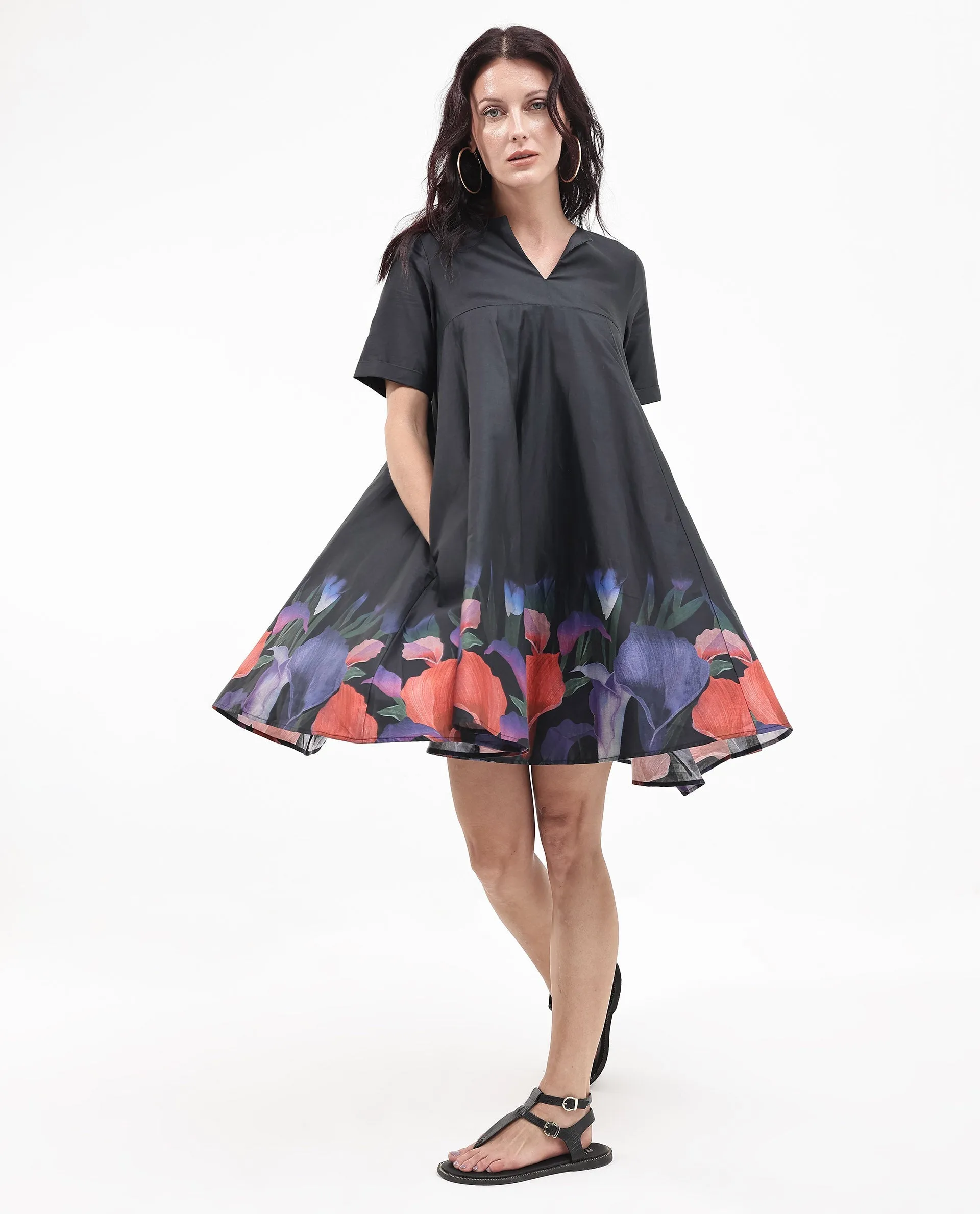 Rareism Women Zapon Black Cotton Short Sleeve Crew Neck Fit And Flare Floral Print Knee Length Dress
