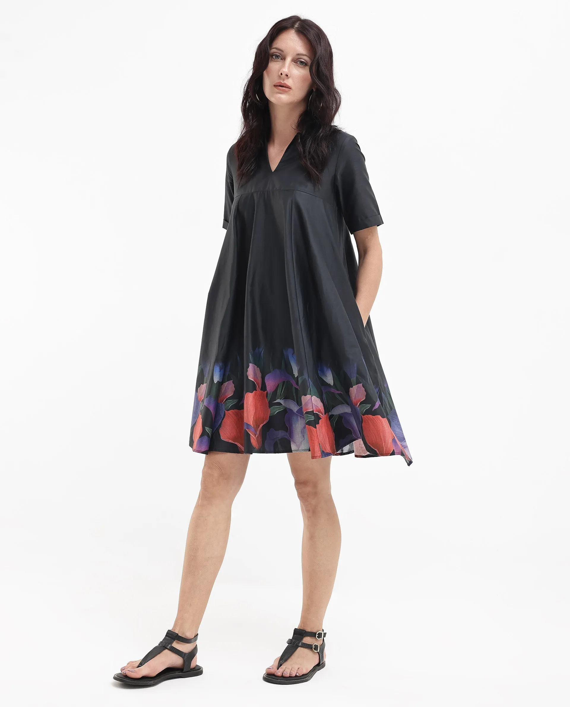 Rareism Women Zapon Black Cotton Short Sleeve Crew Neck Fit And Flare Floral Print Knee Length Dress