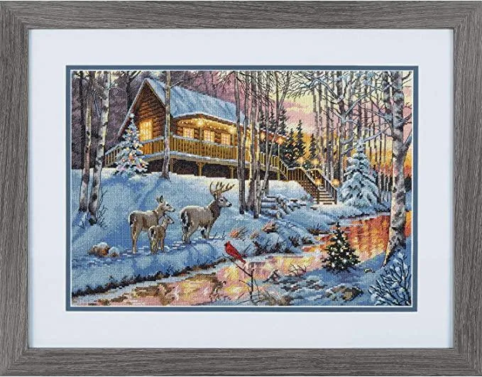 WINTER CABIN, Counted Cross Stitch Kit, 16 count grey Aida, DIMENSIONS, Gold Collection (70-08976)