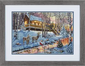 WINTER CABIN, Counted Cross Stitch Kit, 16 count grey Aida, DIMENSIONS, Gold Collection (70-08976)